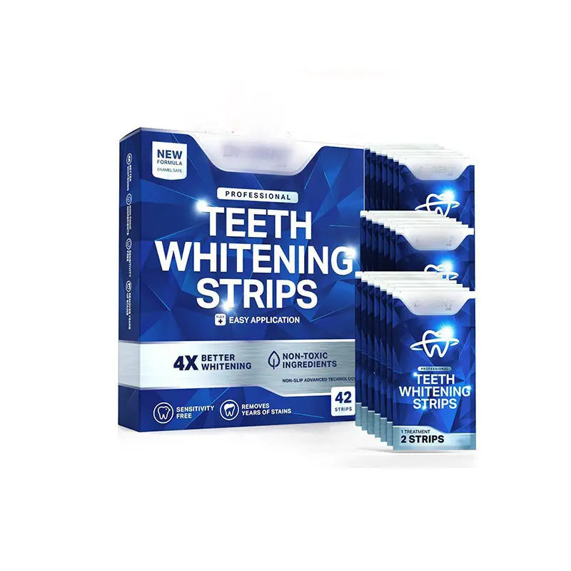 Balbaz teeth whitening strips applied to teeth, demonstrating a teeth whitening treatment for a brighter smile.